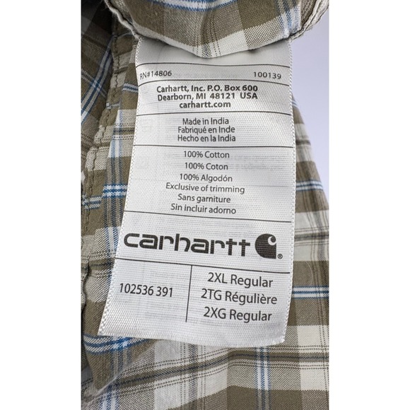 Carhartt Men's Tan‎ & Blue Plaid Short Sleeve Relaxed Fit Button Down Sz 2XL - Picture 5 of 9